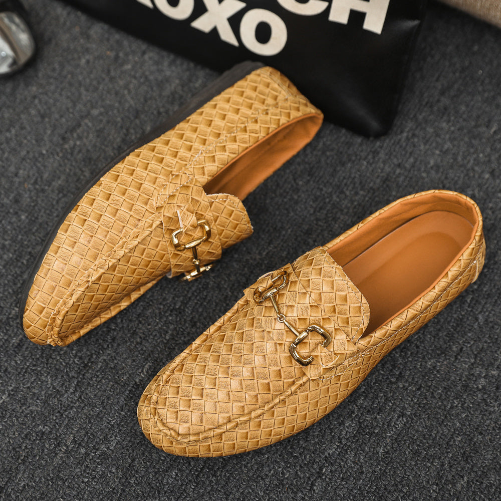 Men's Slip-On Loafers - Black Tan Casual Shoes with Golden-Tone Metal Accents, Round Toe Comfort, All-Season Versatile for Office Social Events, Casual Attire, Elegant Style, Premium Material, Modern Gentlemen