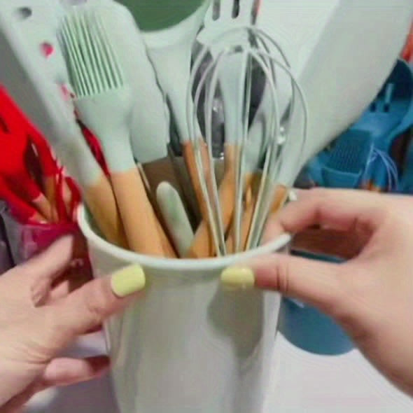 12pcs, wooden handle silicone kitchenware 12 sets, high temperature silicone spatula, spoon, cream spatula, slotted spoon, spaghetti grab, thick spoon, non-stick cooking spoon set, kitchen cooking tools, silicone kitchen uten