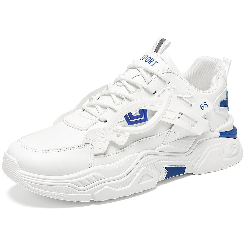 Men's White Blue Geometric Accent Casual Sneakers - Low-Top Lace-Up Breathable PU Upper, Cushioned EVA Insole Durable Rubber Sole for All-Season Casual Attire, Shoes Sneakers, Allseason Footwear, Sleek Shoe Design, Fabric