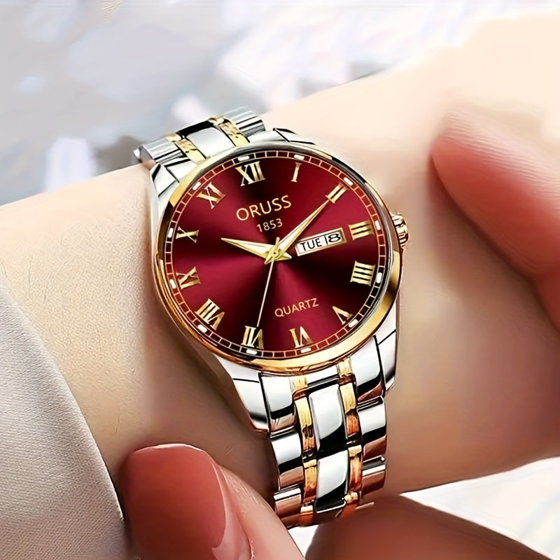 1pc Elegant Ladies' Quartz Wrist Watch, Luminous Dial, Classic Calendar, Roman Style, Stainless Steel Band, Alloy Case, Non, Non-Rechargeable Battery - Fashion Timepiece