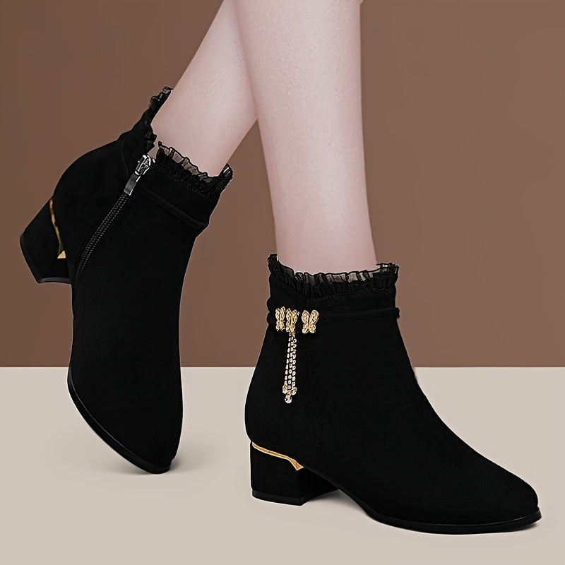 Women's Butterfly Decor Chunky Heel Boots, Fashion Side Zipper Short Boots, Stylish Ankle Boots