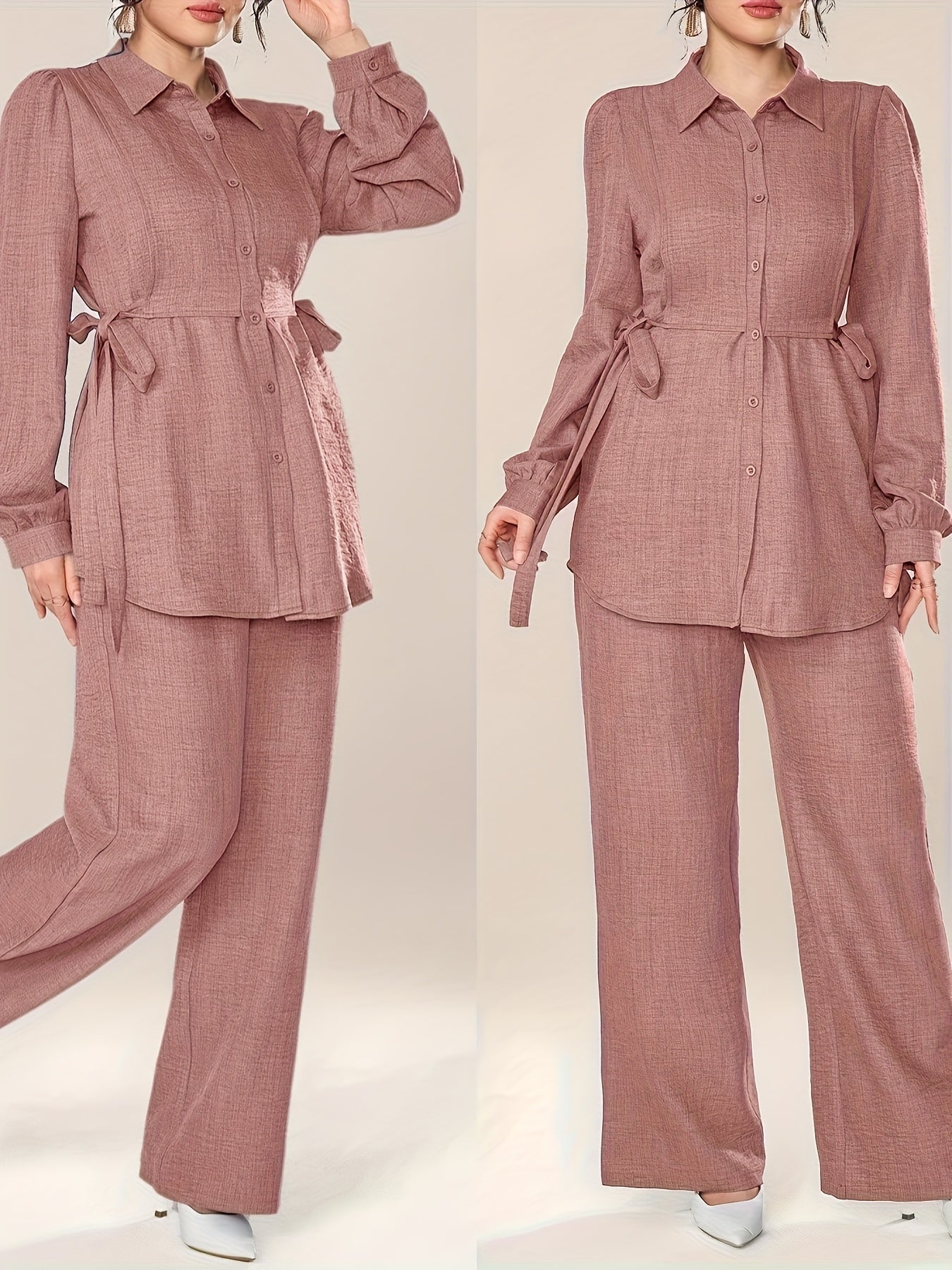 Women'S Solid Color Long Sleeve Knotted Waist Single-Breasted Shirt and Pants Elegant Commuter Set, Two-Piece Summer Autumn Women'S Outfit Office Business Casual Women'S Suit