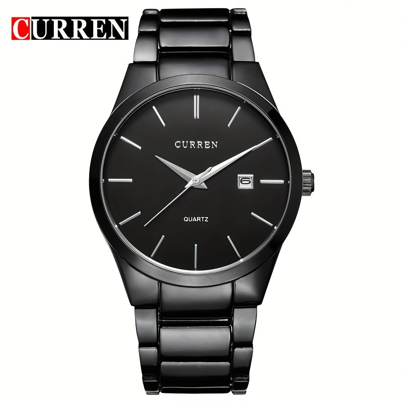 CURREN Men'S Quartz Watch, Casual Business Elegant Round Dial Stainless Steel Strap, Battery Powered Calendar Pointer Display, Aluminum Alloy Case, Non-Rechargeable Button Battery