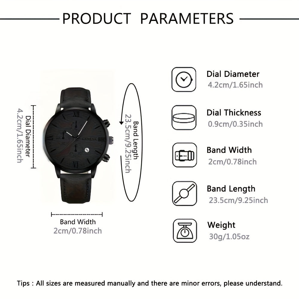 1pc Geneva Vintage Men'S Quartz Watch, Round Alloy Case, Analog Display, with Date Feature, PU Leather Strap, Battery Powered (Button Battery), for Valentine's, Easter, Ramadan, Birthday, Christmas Gifts