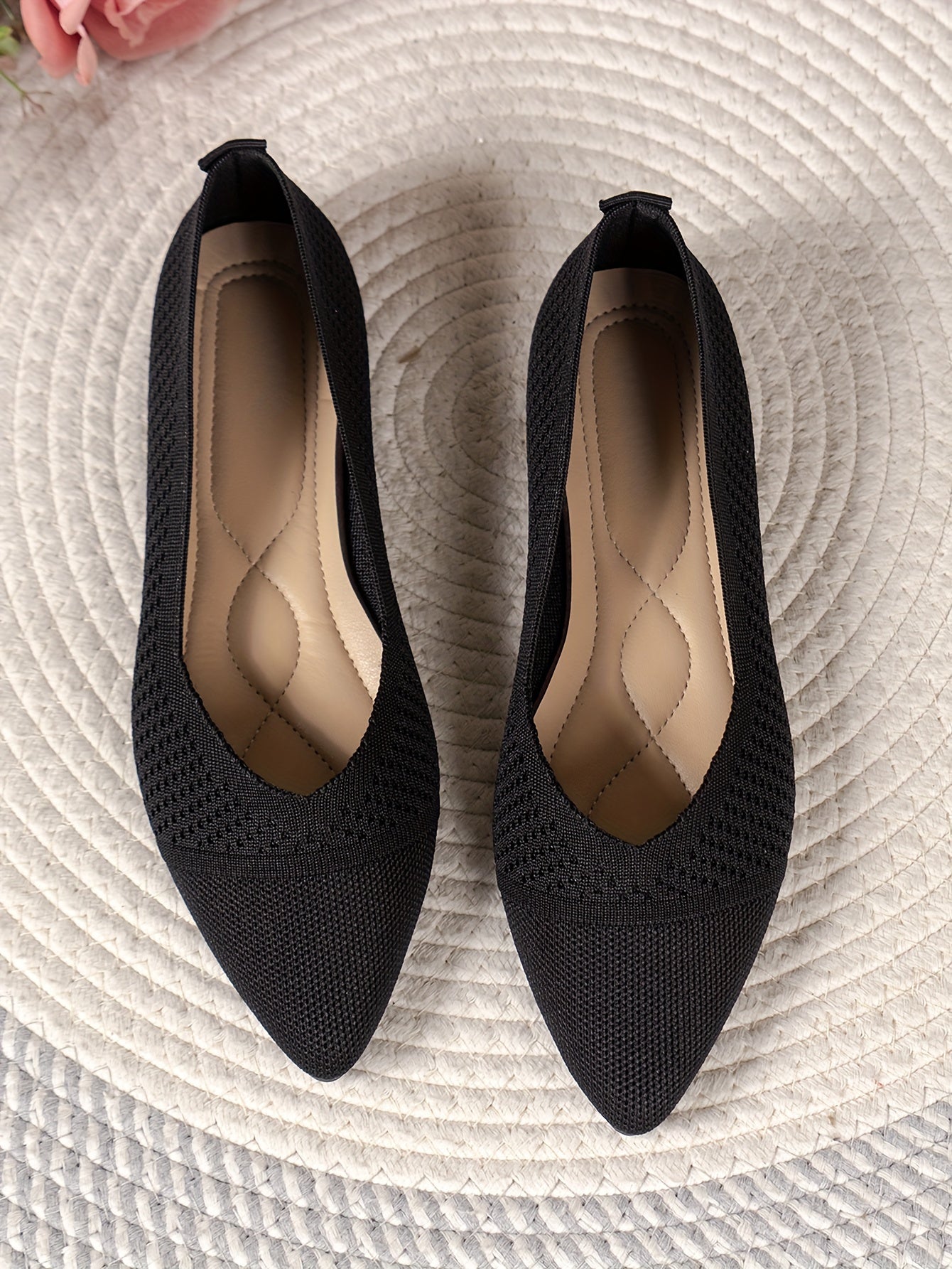 Women's Fashion Flat Shoes, Casual Pointed Toe Knit Flats, Breathable & Comfort Slip-On Ballet Shoes For Daily Wear