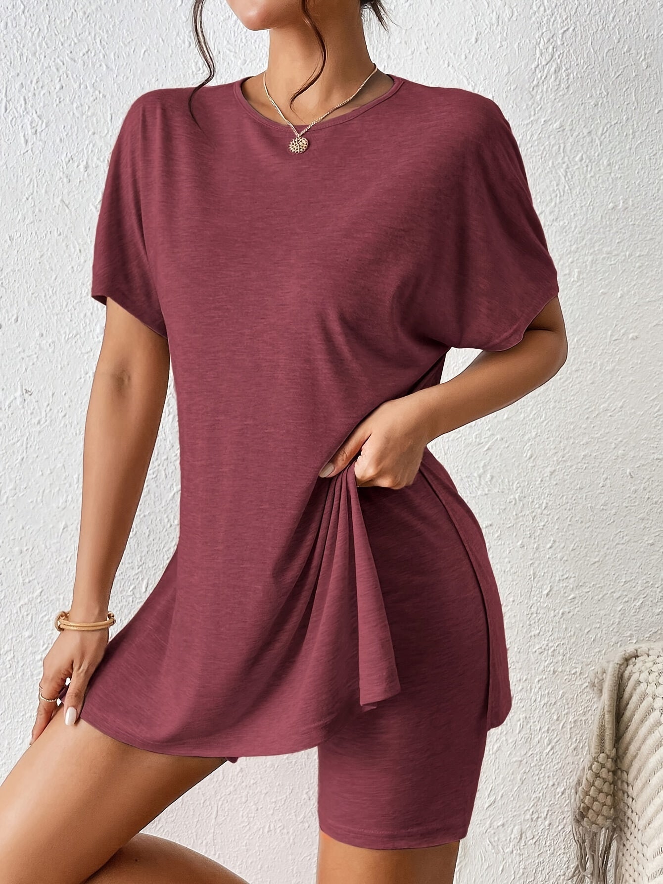 Casual Solid Color Comfortable Two-Piece Set, Bat Sleeve Round Neck Slit T-Shirt and Tight Shorts, Women's Clothing