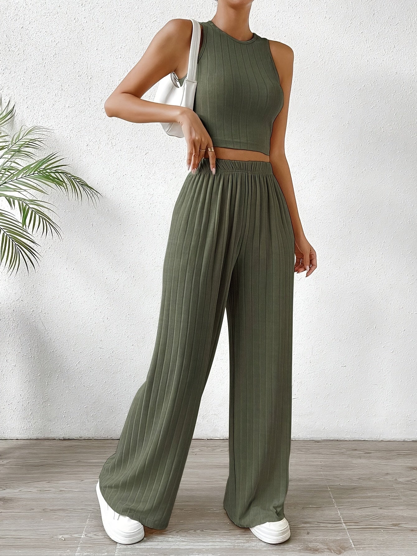 Solid Ribbed Elegant Pants Set, Crew Neck Sleeveless Slim Tank Top & Elastic Waist Wide Leg Pants Outfits, Women's Clothing
