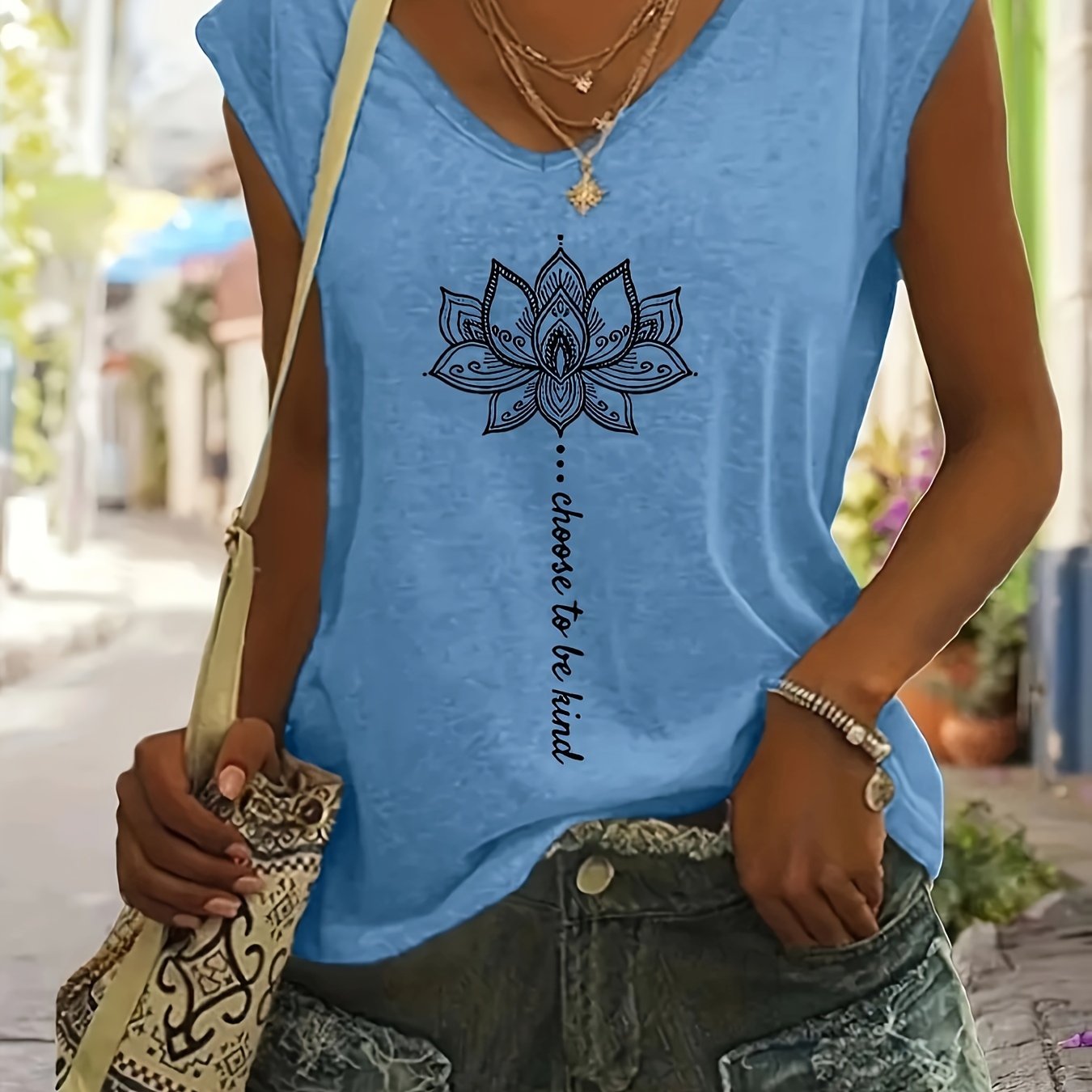 WISH Quick Deal: Ebye Spring/Summer 2024 - Women's Light Blue V-Neck T-Shirt with Inspirational for Lotus & Letter Print, Casual Loose Fit, Rayon Blend, Machine Washable