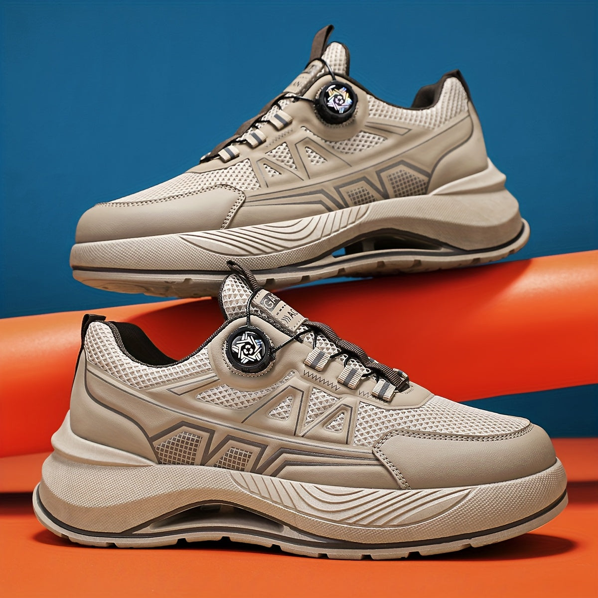 Men's 2025 New Casual Athletic Running Shoes - Thick-Sole Hiking Basketball Sneakers with Breathable PU/Fabric Upper, Durable PVC Outsole, Beige/Black Colorway for Outdoor, Streetwear Everyday Comfort, Round Toe Design