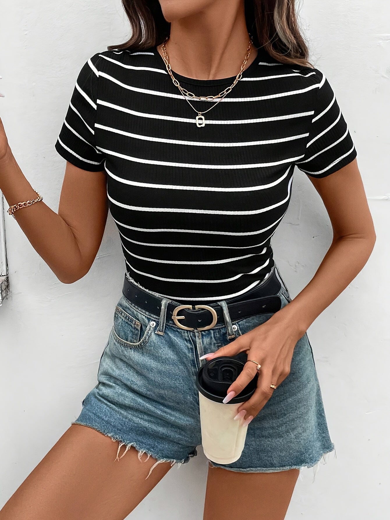 Striped Print Short Sleeve T-shirt, Casual Crew Neck Top For Spring & Summer, Women's Clothing