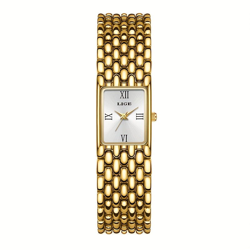 LIGE Women'S Luxury Quartz Watch - Stainless Steel Band, Blue Dial with Roman Numerals, Elegant Fashion Timepiece for Casual or Sporty Wear, Elegant Timepiece | Sleek Watch Design | Alloy Watch Case