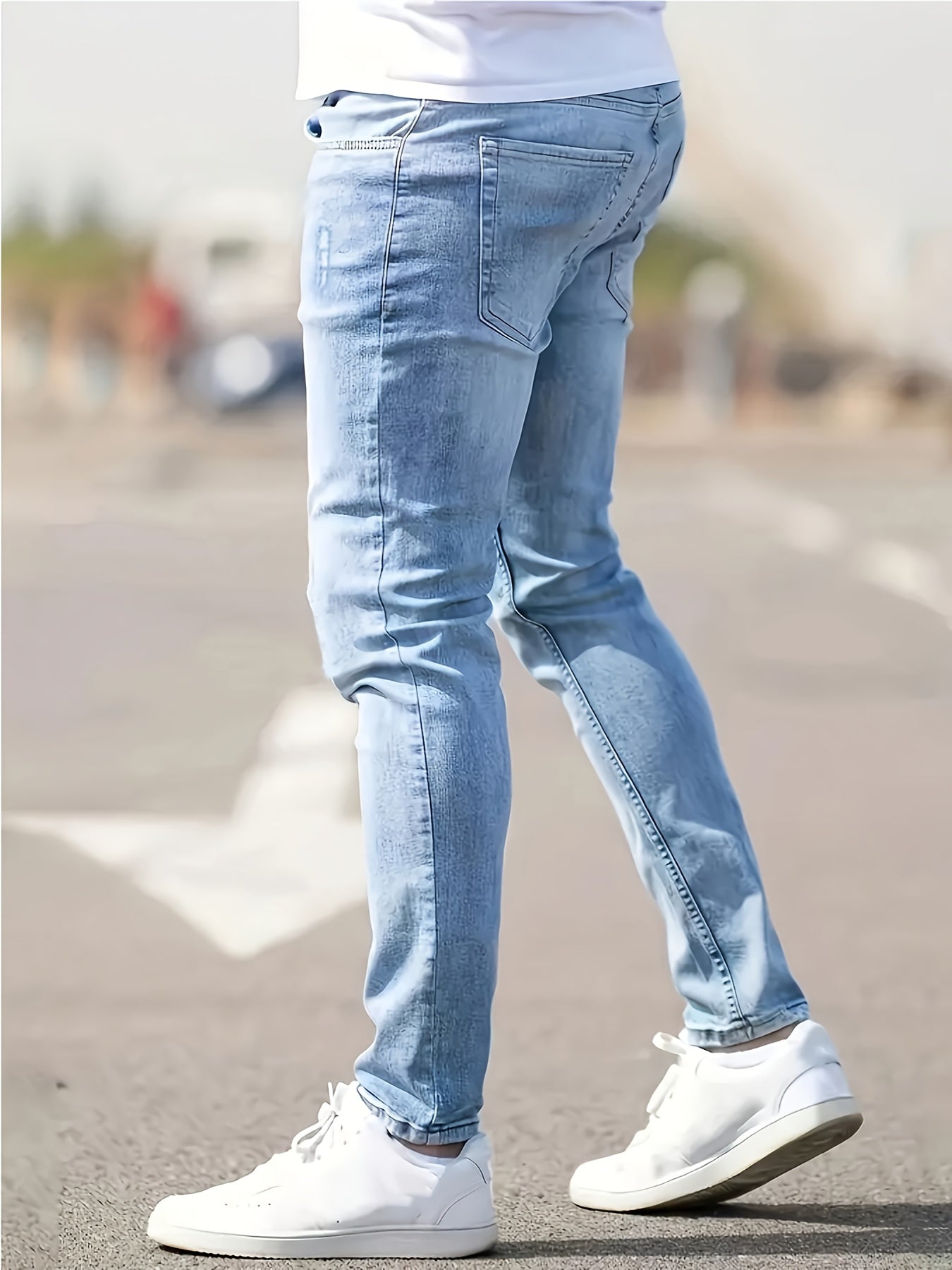 Men's Slim Fit Stretch Denim Jeans - Casual, Breathable & Machine Washable with Ripped Detail