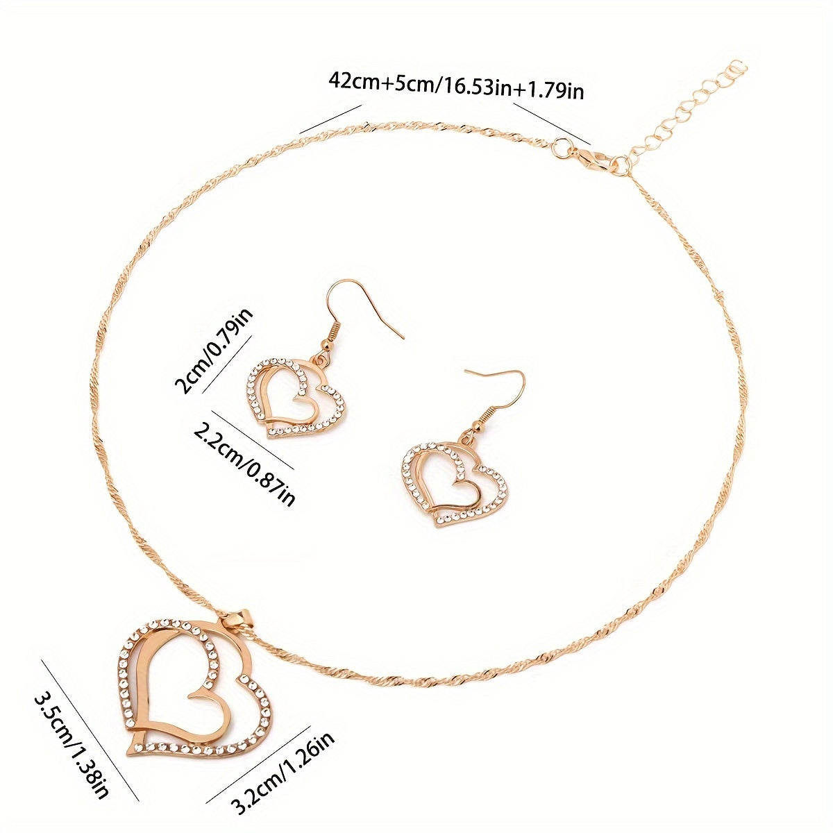 A Creative And Unique Jewelry Set Consisting Of 1 Pair Of Earrings And 1 Necklace, Featuring A Sparkling Heart-shaped Design With Shiny Rhinestones, Perfect For Accessorizing Daily Outfits Or Party Wear.
