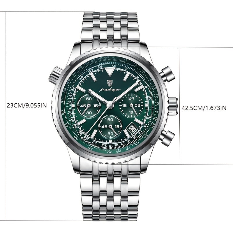 POEDAGAR Men's Luxury Stainless Steel Watch, Chronograph, Calendar, Date Display, Green Dial with Black Bezel & Roman Numerals, Quartz Movement, Casual to Business Style, Suitable for Women