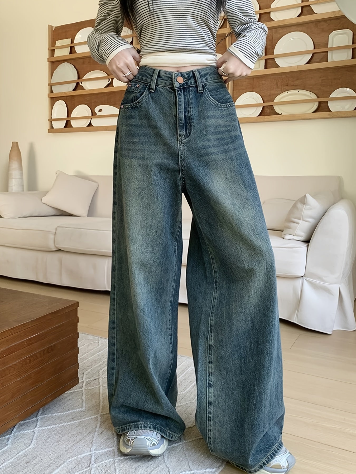 1pc XNVJEVGY Women'S High-Waisted Wide Leg Denim Jeans, Casual Style, Non-Stretch, Solid Color, Long Pants with Zipper Closure, Washed Finish, Suitable for All Seasons