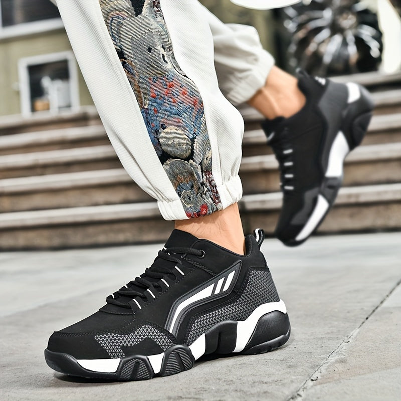 Men's Casual Sporty Sneakers - High Quality PU Upper, Non-Slip Rubber Sole with Cushioned Comfort Inner Arch Support, Low-Top Lace-Up Design for All-Day Wear (Black/White) - Spring/Fall/Winter Seasonal Versatility, Comforta