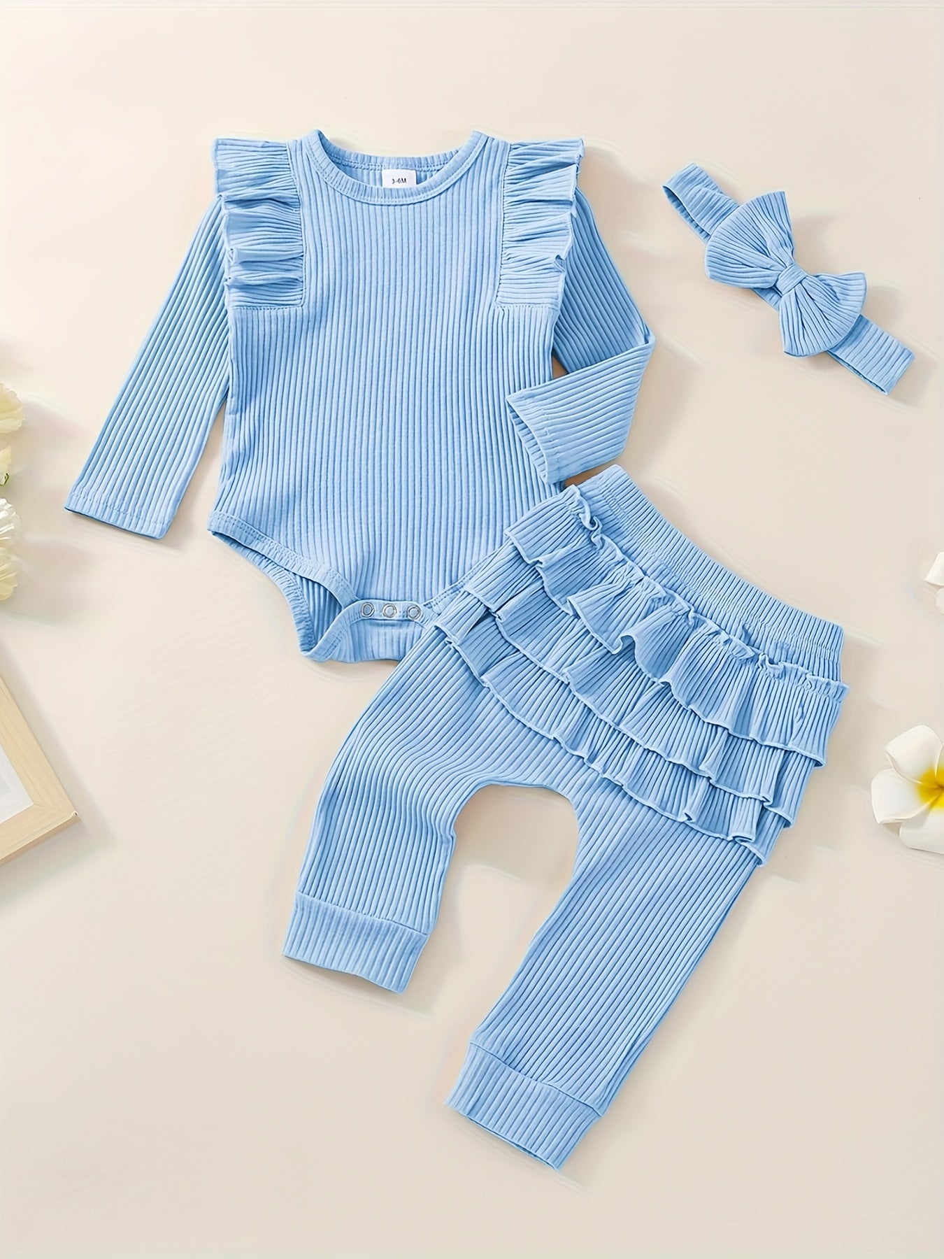 3pcs Baby Girl Outfit Set, Cute Ribbed Ruffle Long Sleeve Romper & Pants, 95% Cotton 5% Spandex, Crew Neck Pullovers, Solid Color, Regular Fit, No Belt, Fall/Winter Knit Fabric, 0-18 Months, for Outdoor