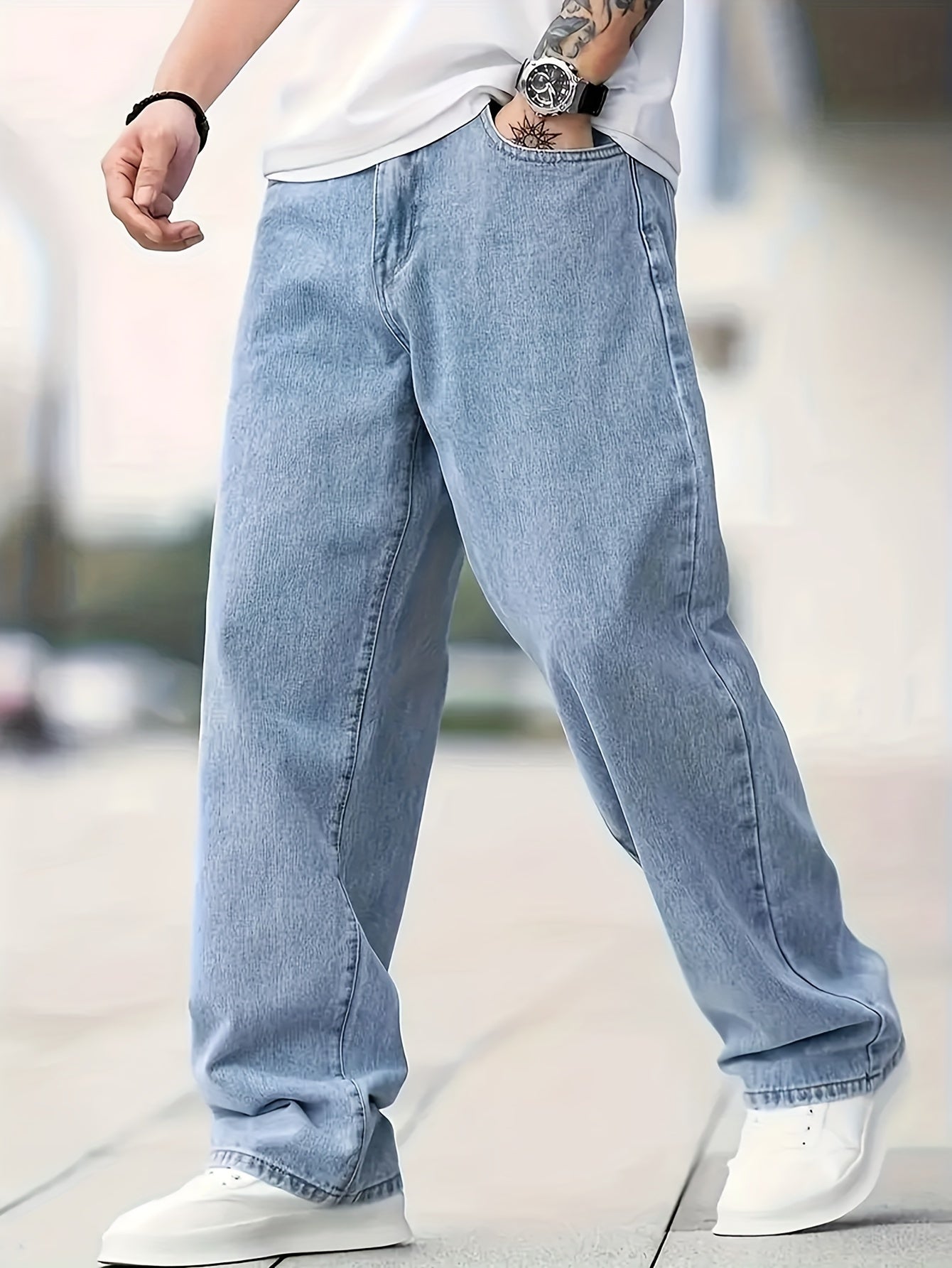 Men'S Casual Loose Fit Denim Jeans, 65% Cotton 35% Polyester, All-Season Solid Color Washed Fabric, Non-Stretch Woven Regular Length Pants