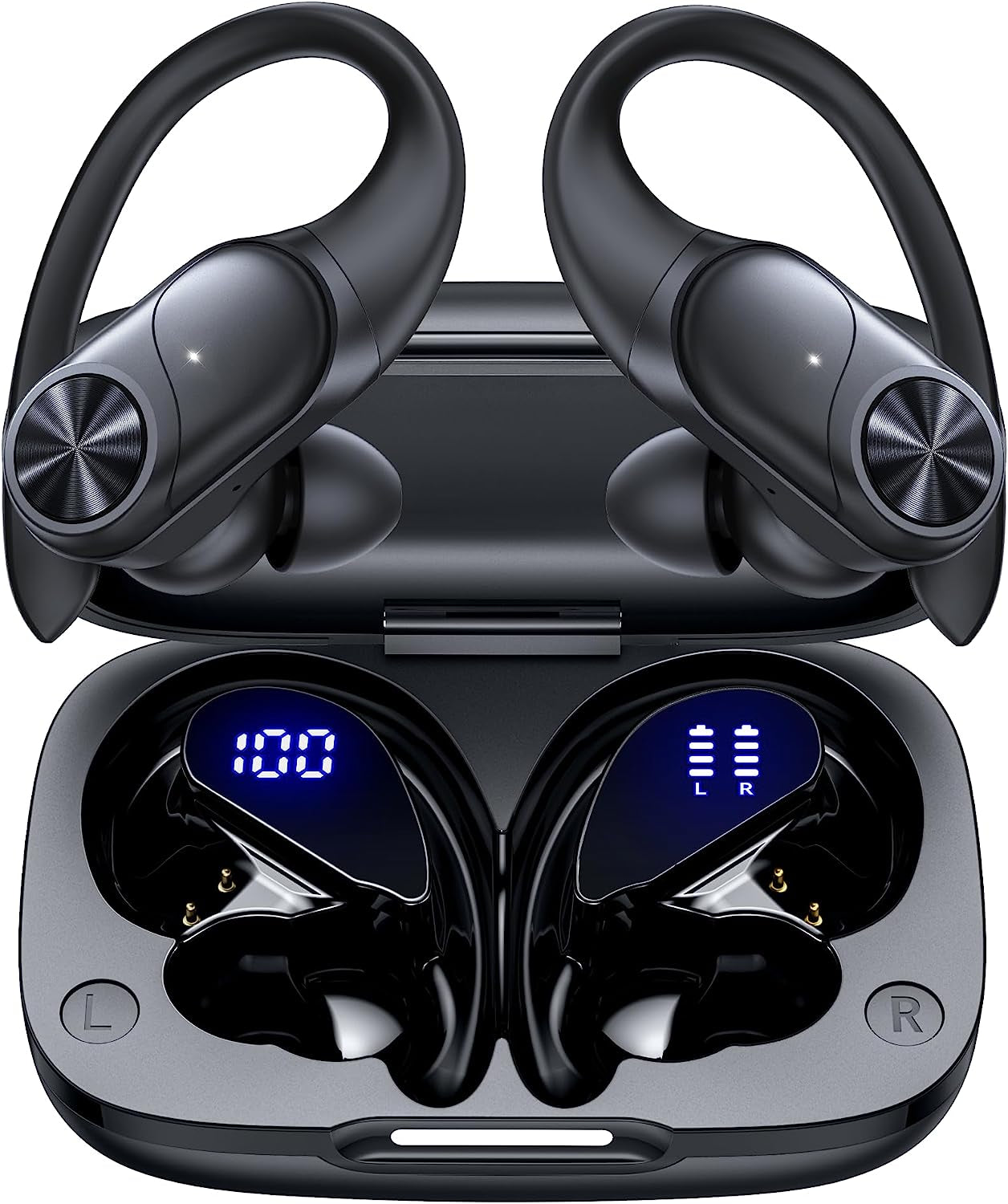 Pocbuds Bluetooth Headphones Wireless Earbuds 80Hrs Playtime Wireless Charging Case Digital Display Sports Ear Buds with Earhook Deep Bass IPX7 Waterproof Over-Ear Earphones for TV Phone Laptop Black
