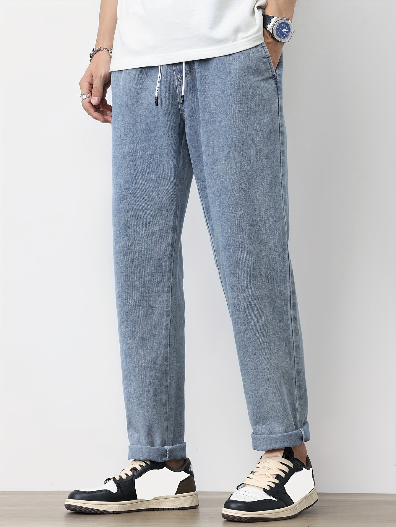 Men's Solid Washed Denim Trousers With Pockets, Causal Drawstring Cotton Blend Barrel Jeans For Outdoor Activities