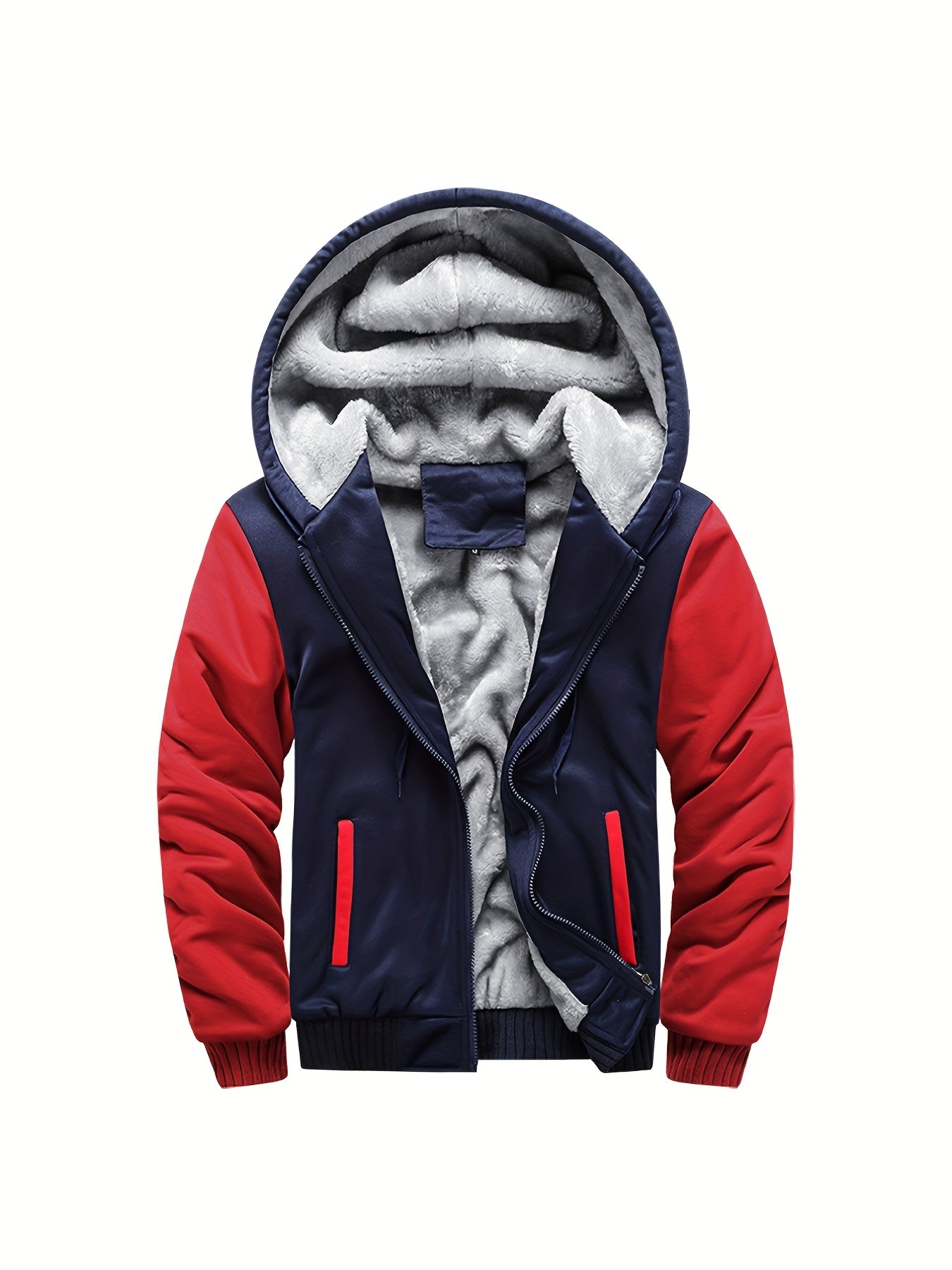 Color Block Sherpa Lined Men's Hooded Jacket, Casual Long Sleeve Hoodies With Zipper, Gym Sports Hooded Coat For Winter Fall