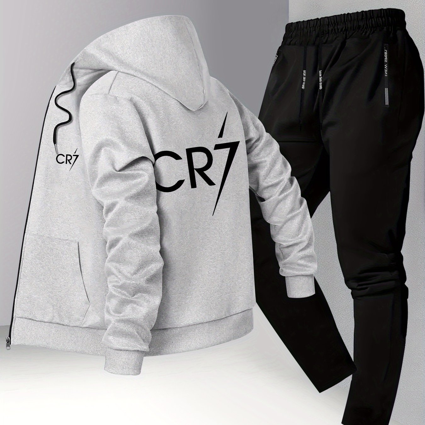 Men'S Trendy CR7 Print Hooded Jacket and Pants Set, Casual Business Suit, Youth Casual Sports Baseball Uniform with Stand Collar