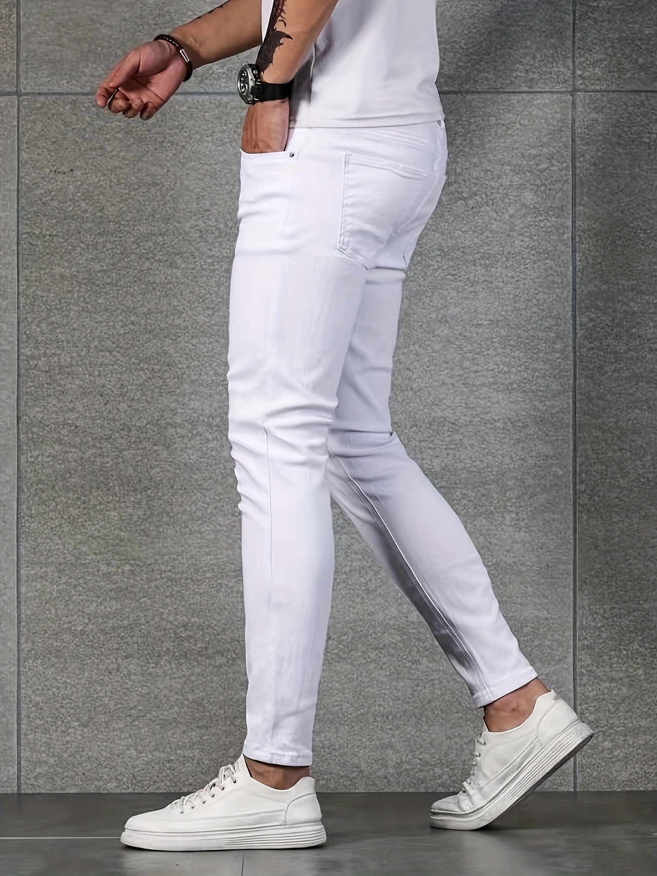 Men's Stretch Denim Jeans - Light Gray, Skinny Fit, All-Season Comfort, Street Style with Button Fly & Pockets