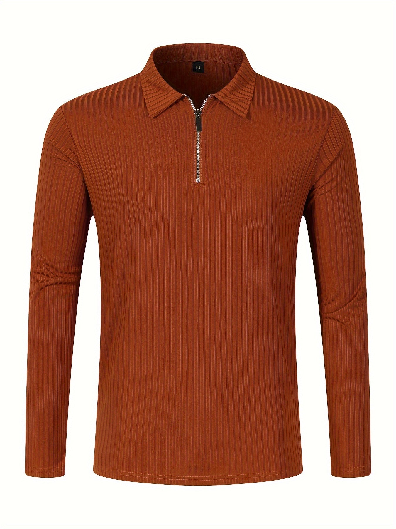 Men's Casual Sports Ribbed Long Sleeve Zipper Lapel Golf Shirt, Spring And Fall