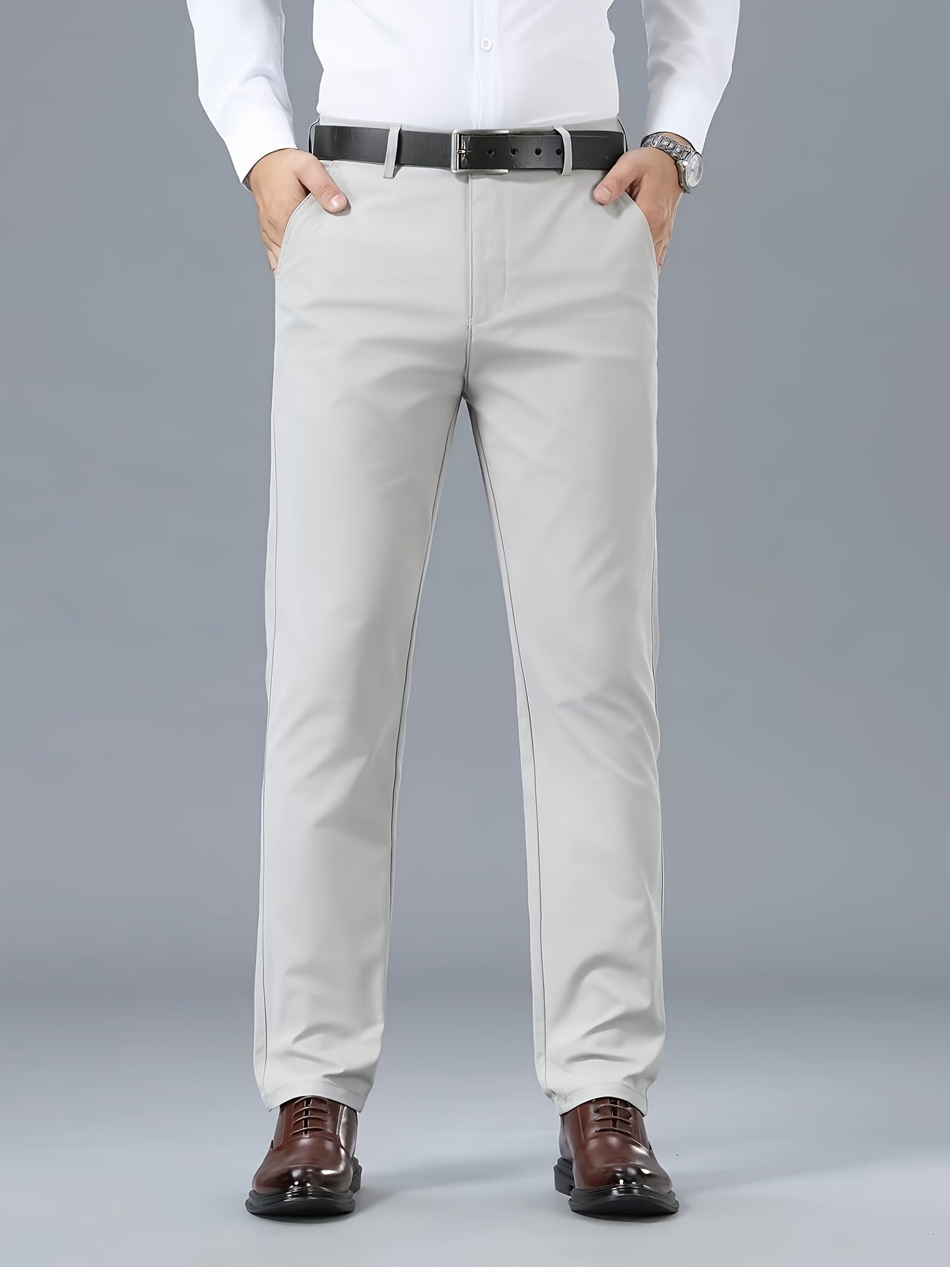 Men's Classic Business Casual Pants - Polyester, Solid Color, Regular Fit for All Seasons