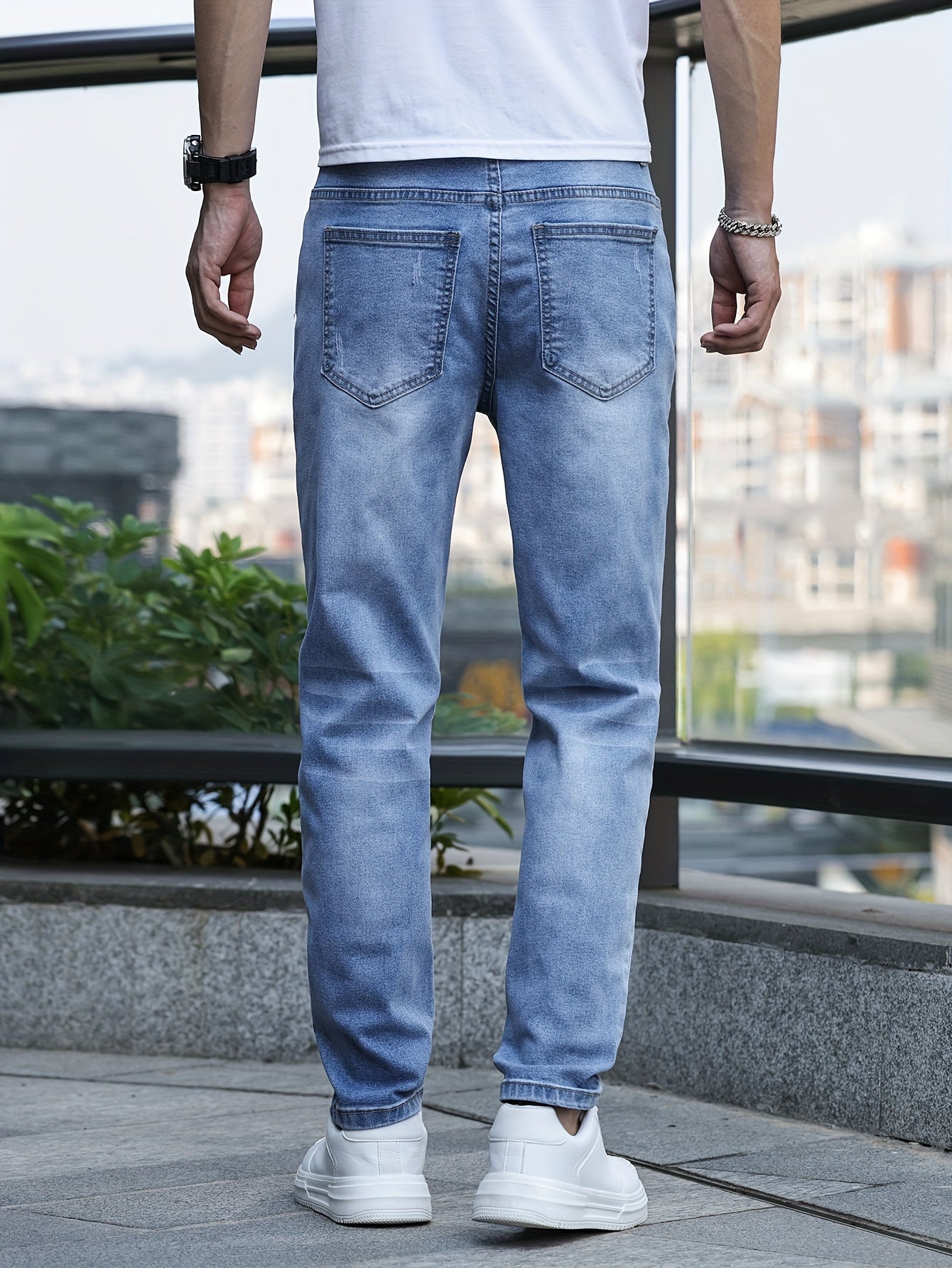 Men's Slim-Fit Stretch Denim Jeans - Casual Street Style, Mid-Rise, Light Blue, Comfortable & Versatile for All Seasons