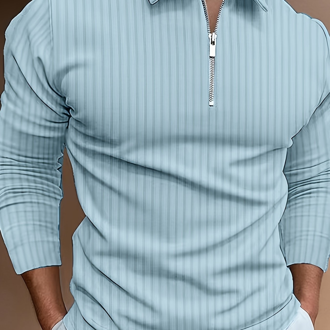 Men's Casual Sports Ribbed Long Sleeve Zipper Lapel Golf Shirt, Spring And Fall