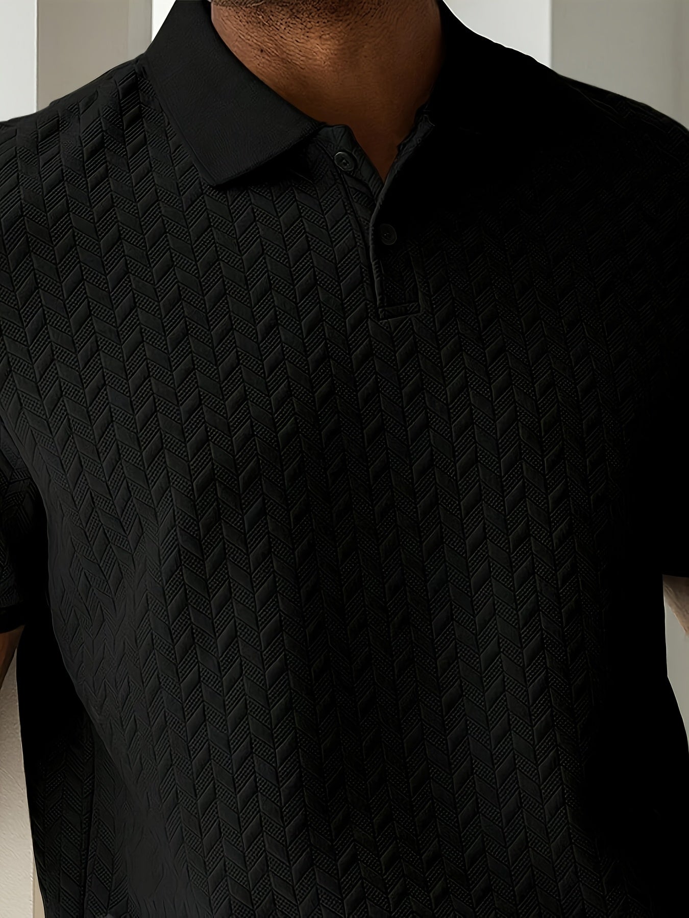 Men'S Casual Black Short Sleeve Polo Shirt with Textured Diamond Pattern - Polyester, Button-Up, Regular Fit for Summer, Casual Attire|Textured Pattern Shirt|Polyester Fabric