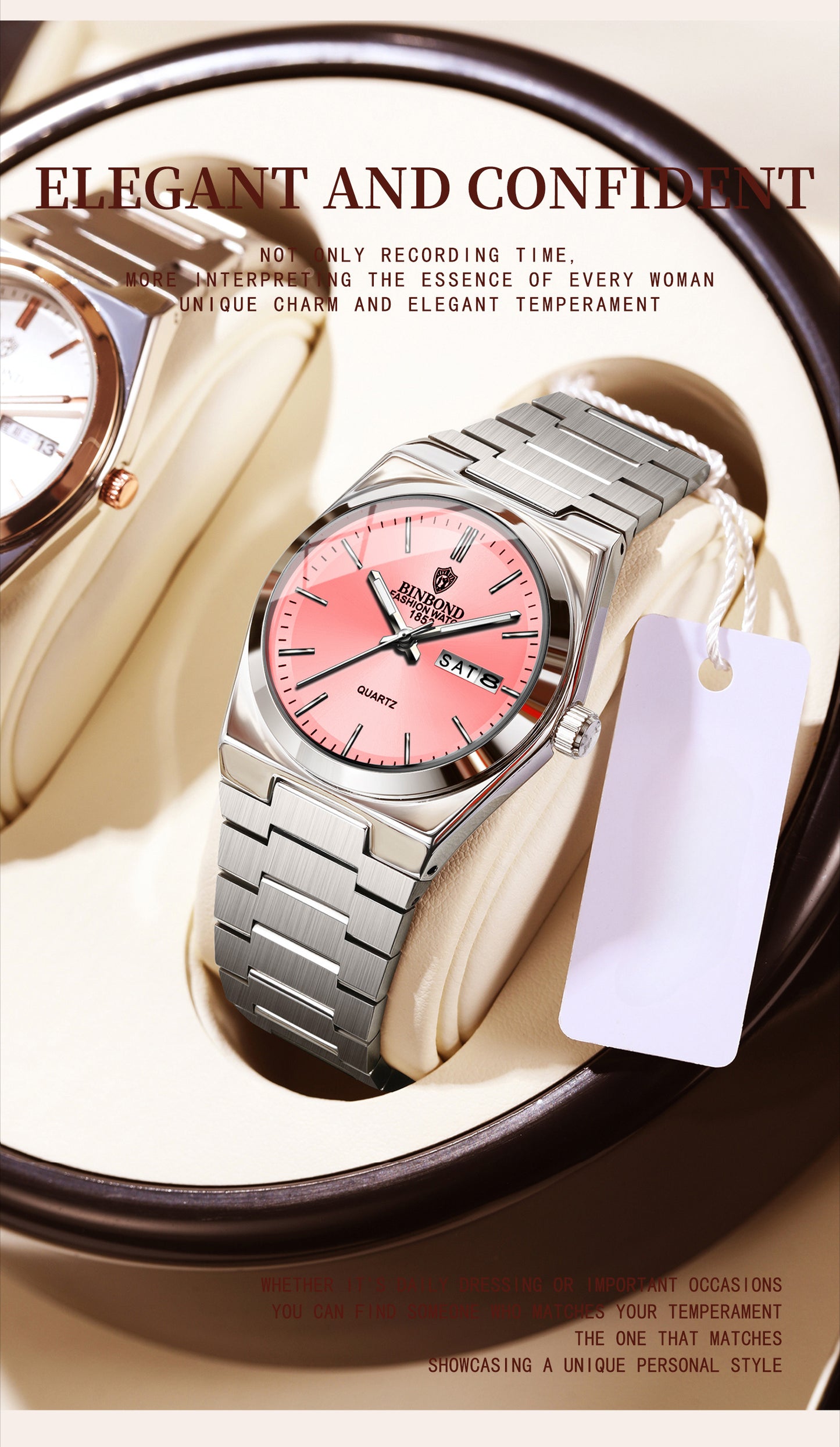BINBOND Women'S Fashion Watch, Double Calendar, Quartz Movement, Stainless Steel Band, Round Case, Ideal for Daily Wear & Gifting, Stylish Accessory|Minimalist Design|Durable Watch