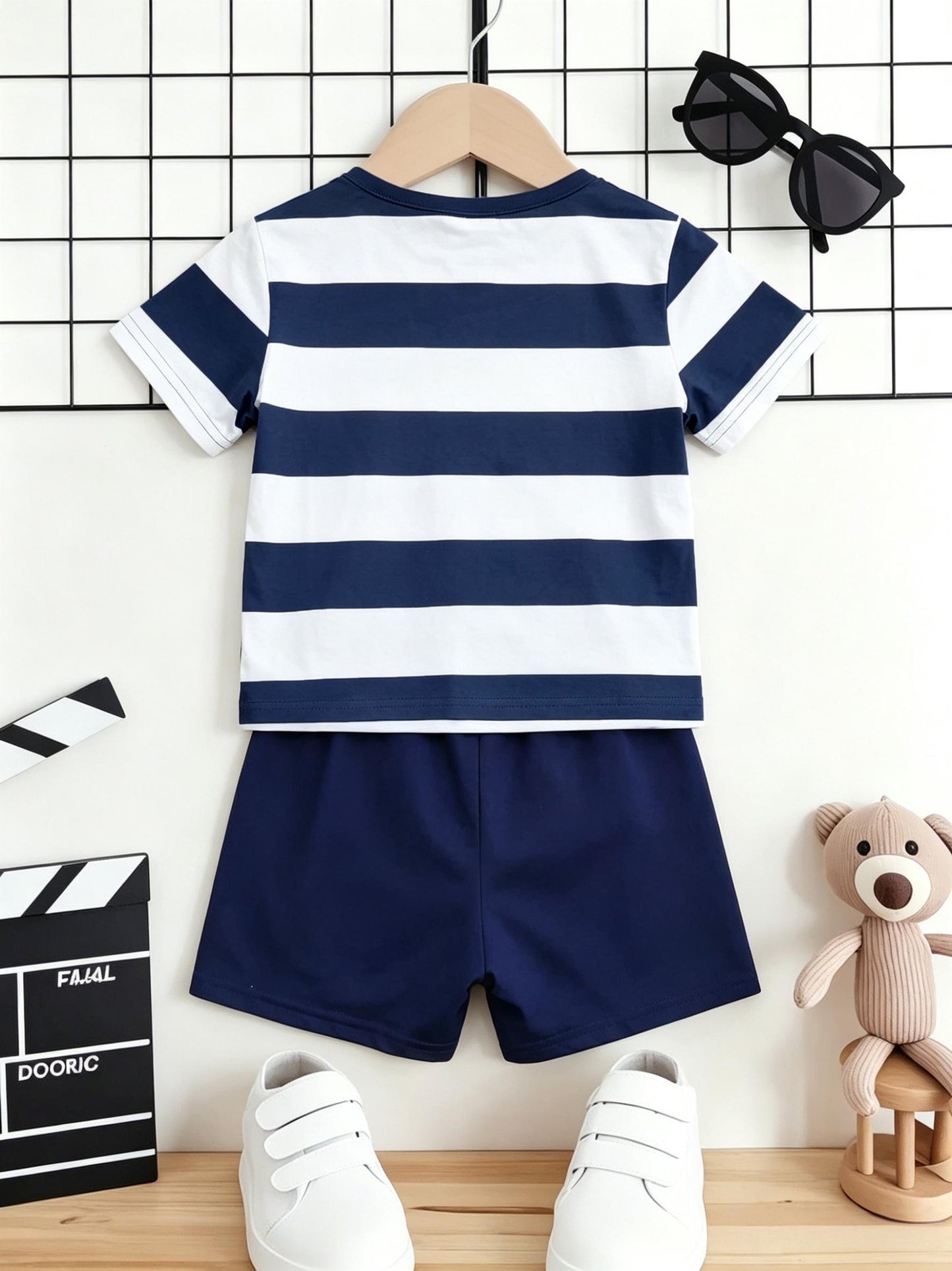 Boys Summer Casual Blue White Stripe Short Sleeve T-Shirt & Shorts Set