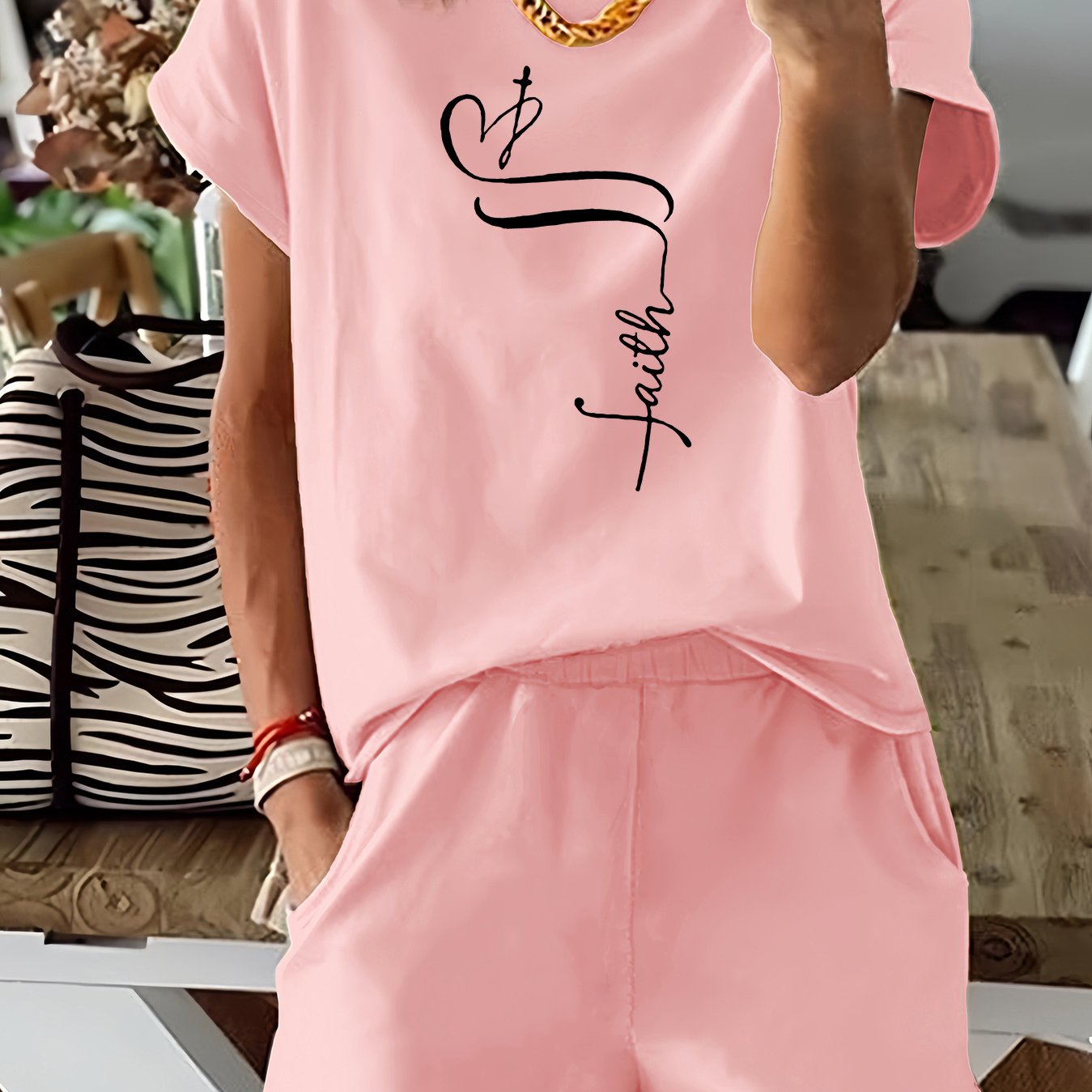 Women's Casual Letter Print Two-Piece Set - Comfy Short Sleeve T-Shirt & Shorts, Stretchy Polyester Blend, Machine Washable