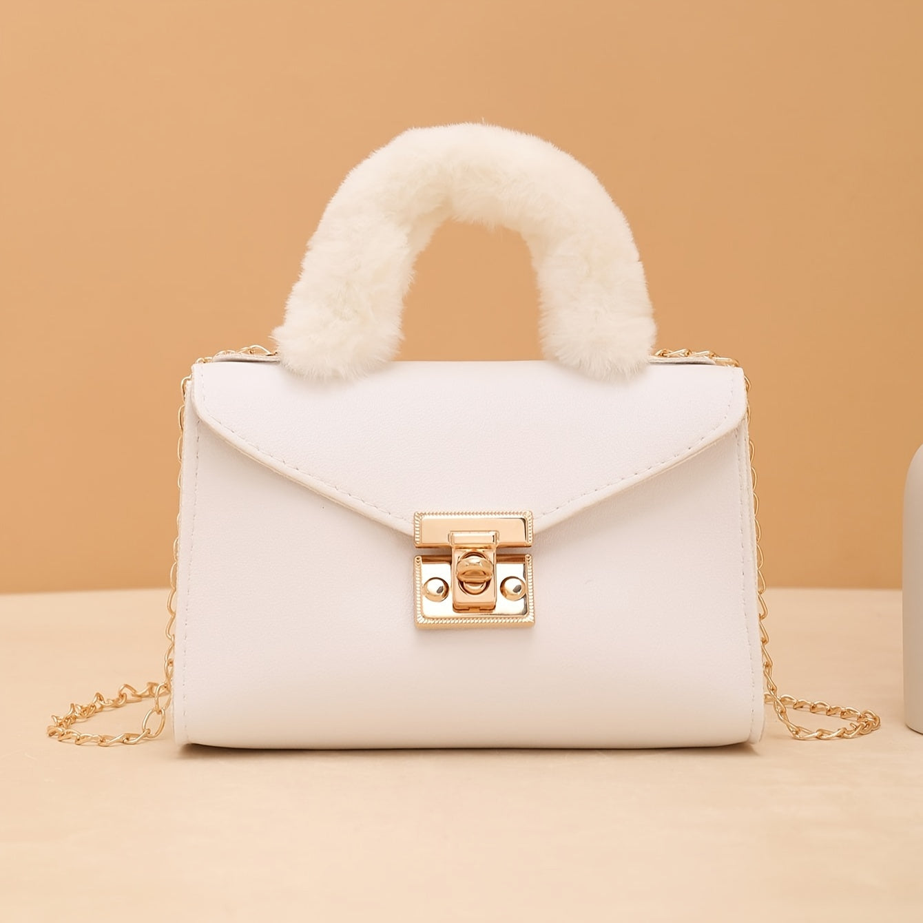 1pc Elegant Crossbody Bag with Soft Plush Handle, Solid Color Casual Messenger Bag with Removable Strap and Turn-Lock Closure for Daily Use, Small Crossbody Bag