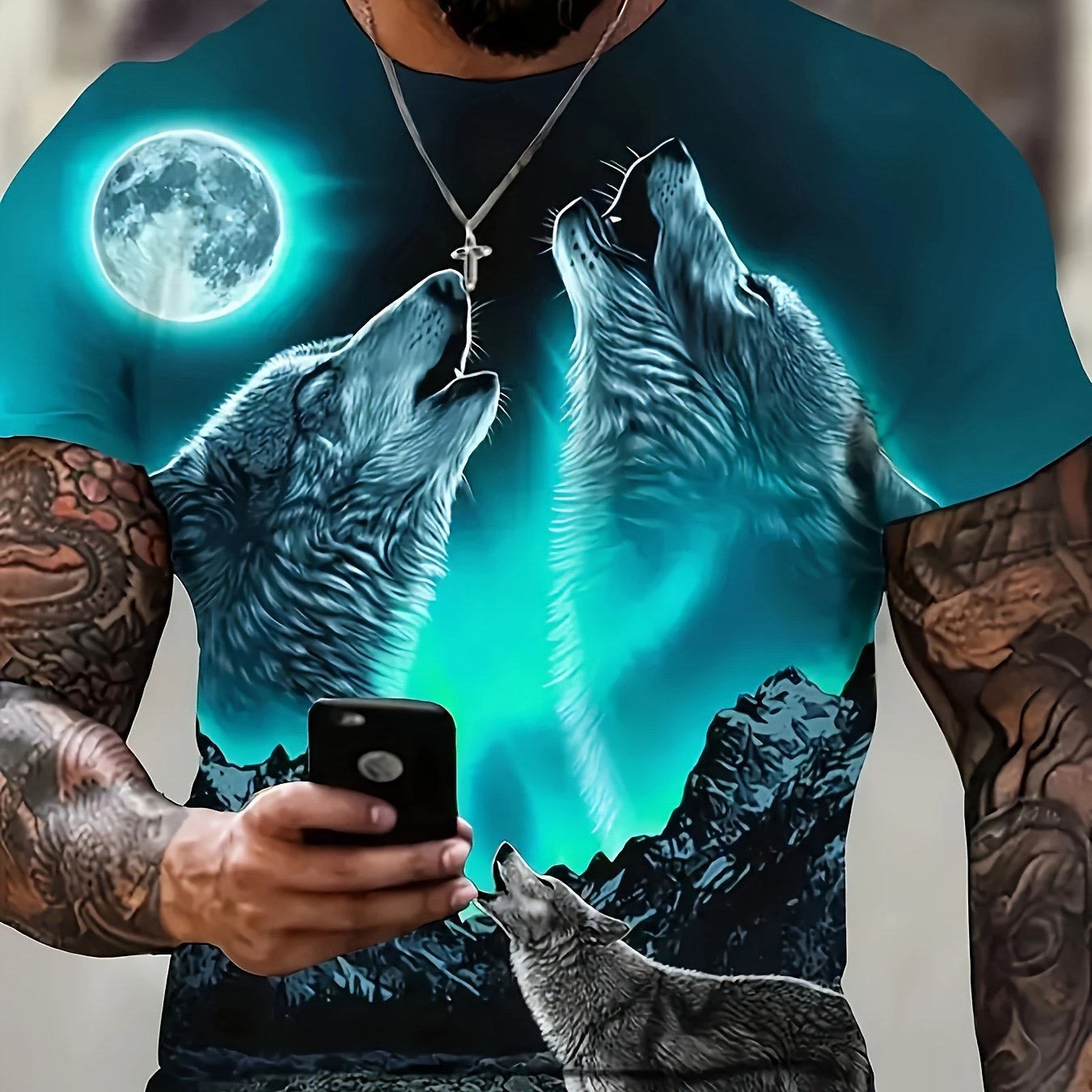 Տղամարդկանց 3D Wolf Print-ի վերնաշապիկ՝ սովորական կարճաթև, շնչող պոլիեսթեր խառնուրդ, կատարյալ ամառային բացօթյա գործունեության համար