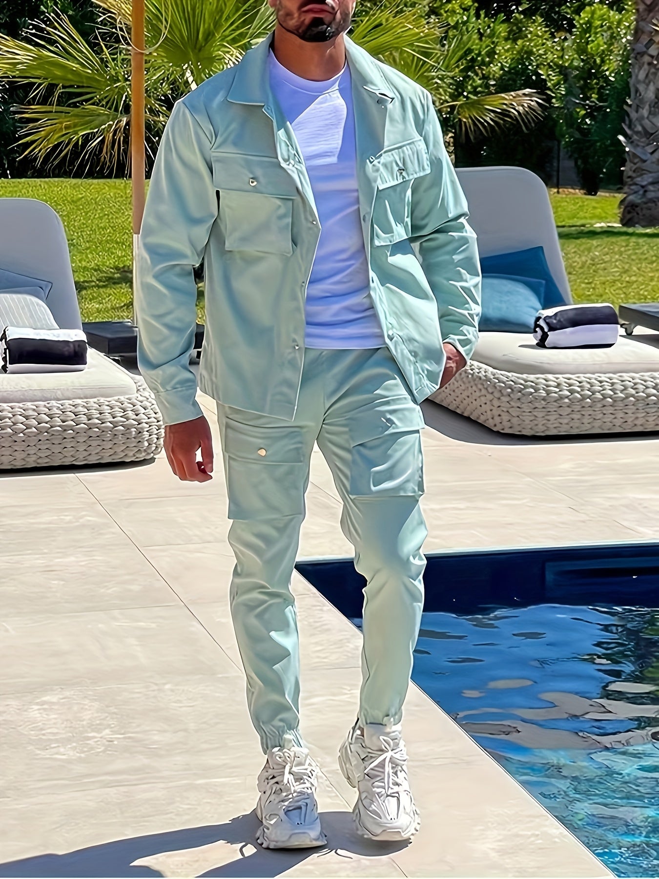 Men'S Casual Polyester Suit Set, Solid Color, Non-Stretch, Regular Fit, with Lapel Collar, Pocket Details, for Hiking, Daily Wear, and Special Occasions, Spring/Fall, Fall/Winter