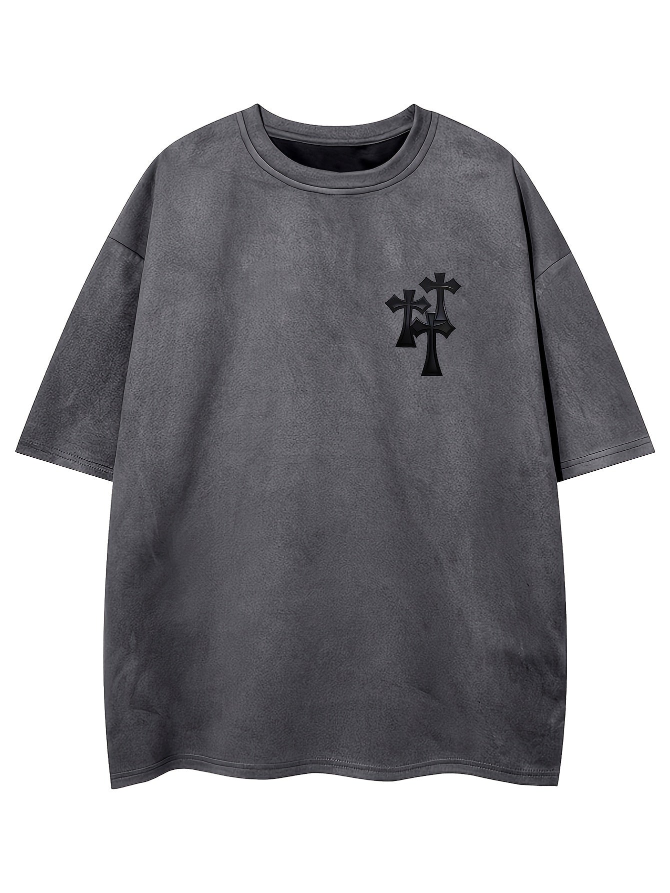 Men's Casual Black Suedette Short-Sleeve T-Shirt with Print Cross Design - Soft, Loose Fit, Round Neck, Summer Tee for Adults, Summer Casual Wear | Casual Shirt | Faux Suedette Texture