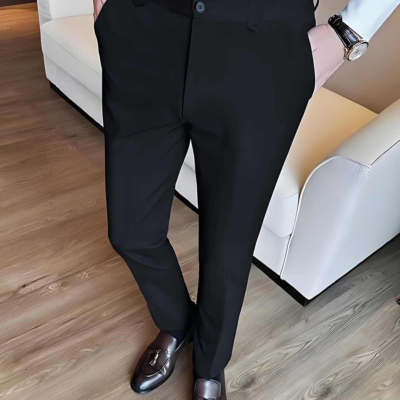 Men'S Regular Fit Black Dress Pants with Slant Pockets - Polyester, Zipper Fly, Mid Waist, Perfect for Formal or Casual Occasions