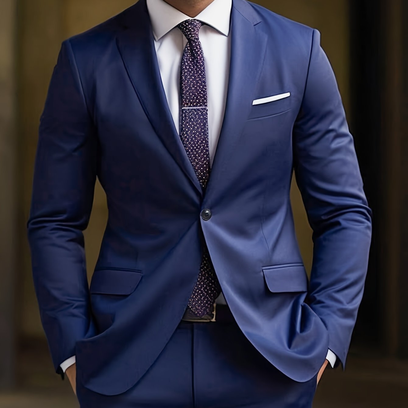 Men's Two-Piece Suit in Solid Color with Sealed Pockets, Regular Fit Suit Trousers, Elegant and Classic, Suitable for Business and Wedding Parties