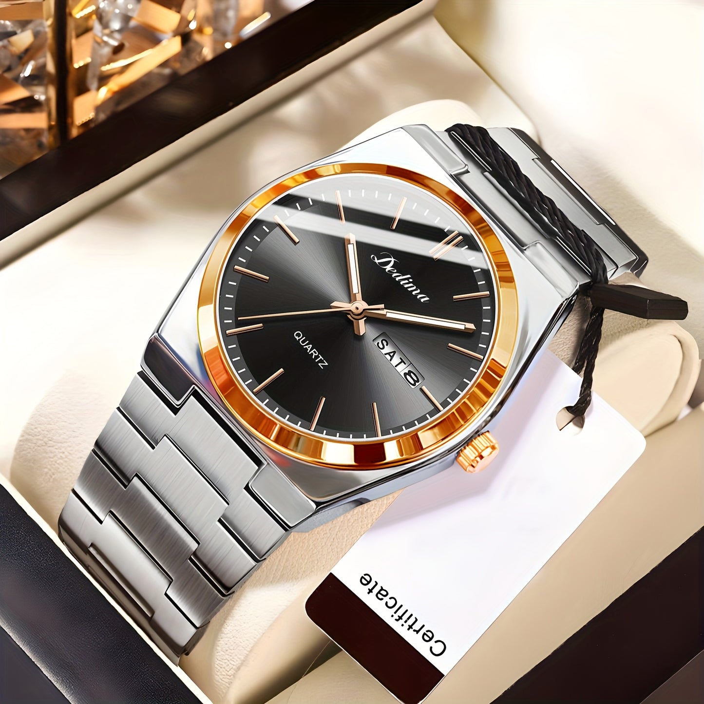 Elegant Men's Quartz Watch with Stainless Steel Band, Rivet Detail, and Dual Calendar - Non-Rechargeable Button Battery Included, DEDIMA