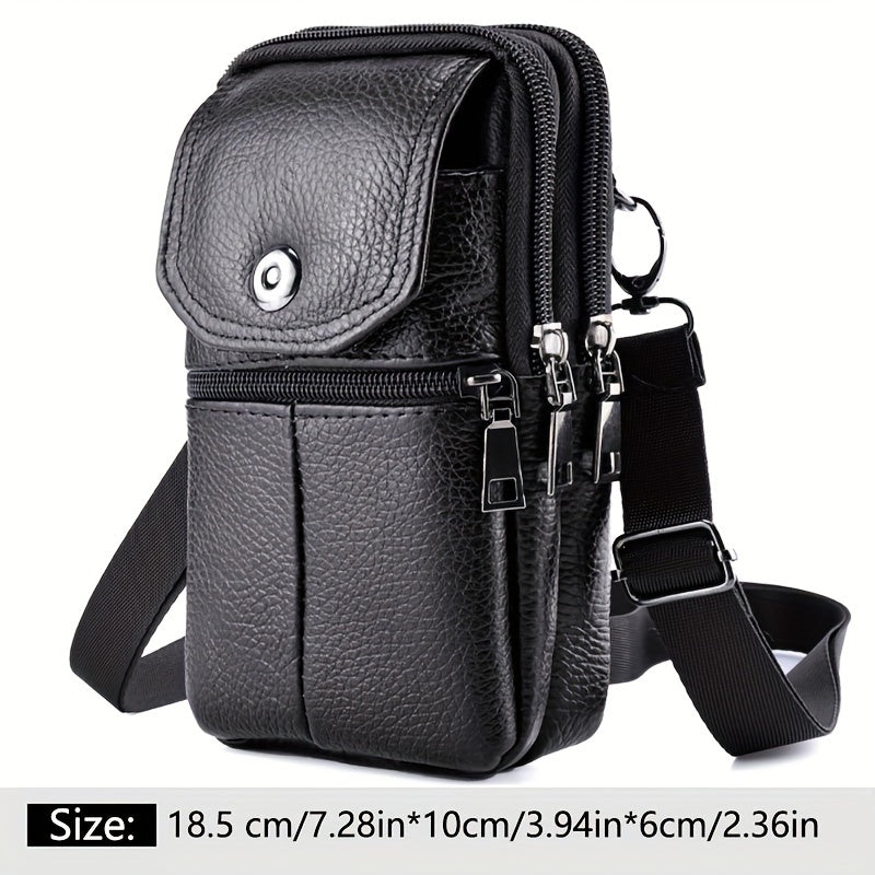 1pc Genuine Leather Cowhide Men's Waist Bag, Multi-Functional Zippered Phone Pouch with Adjustable Strap and Spacious Compartments for Work & Daily Use, Casual Style Top Layer Leather Fanny Pack