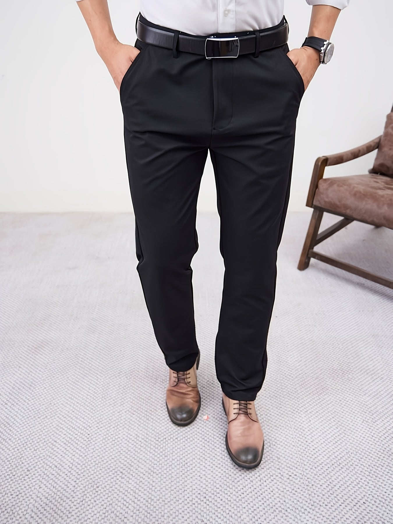Men'S Casual Solid Color Regular Length Slight Stretch Woven Fabric Pants for Adult
