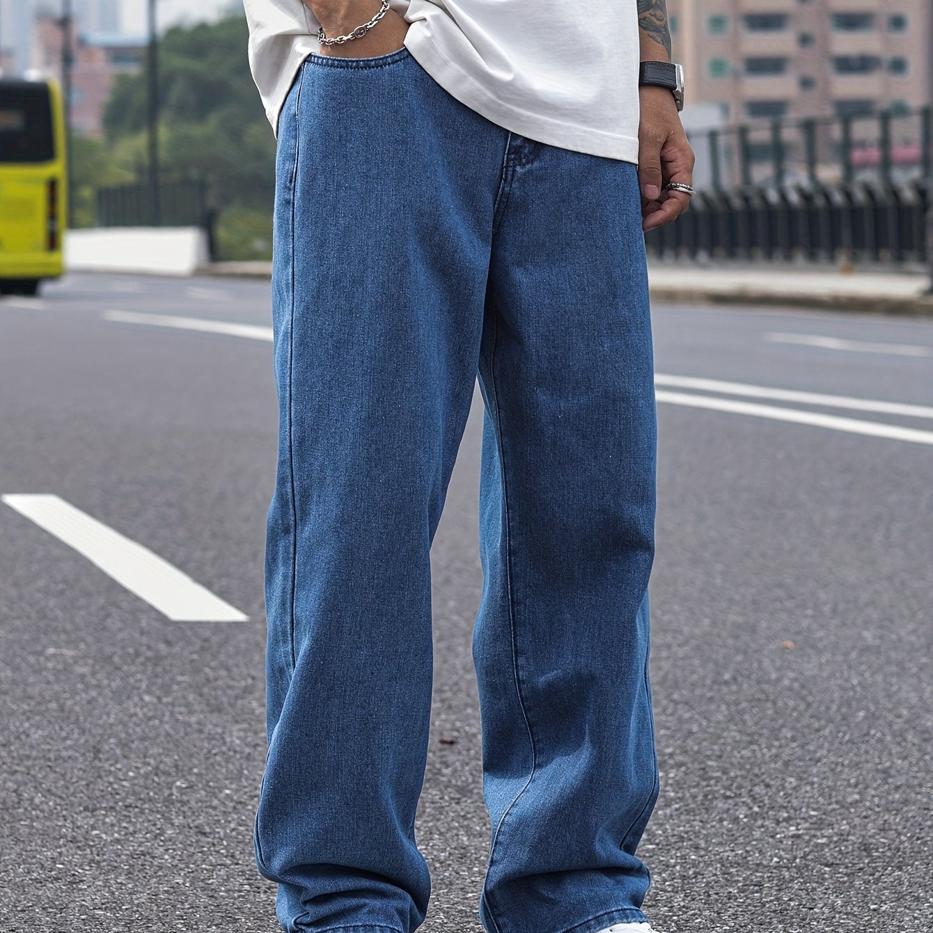 Men's Casual Denim Jeans - Solid Color, Rayon Blend, Non-Stretch Fabric, Machine Washable