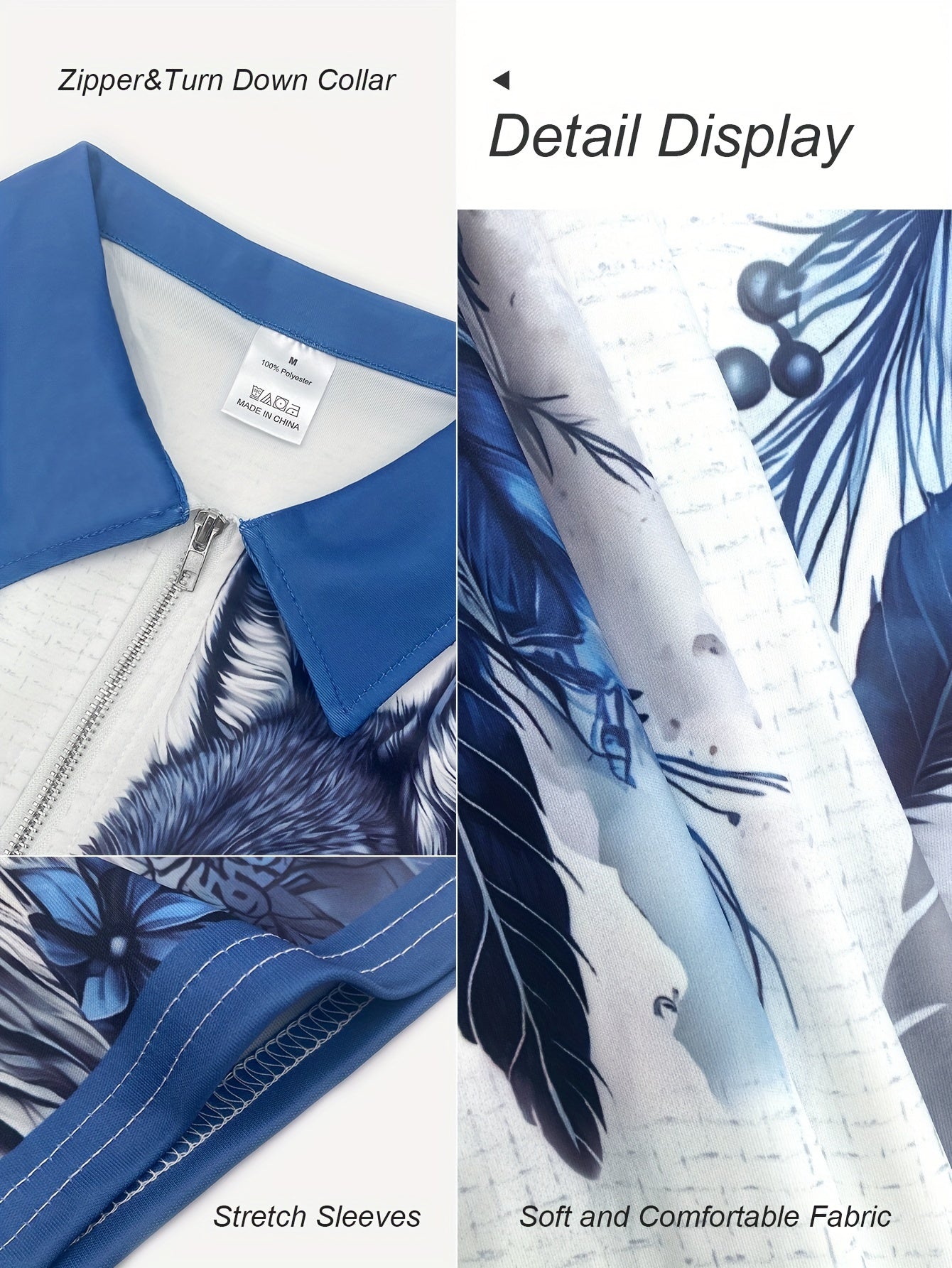 Men's 3D Wolf Print Shirt - Stylish White & Blue, Breathable Polyester, Short-Sleeved with Slightly Elastic Lapel - Ideal for Work or Streetwear, Summer Wear