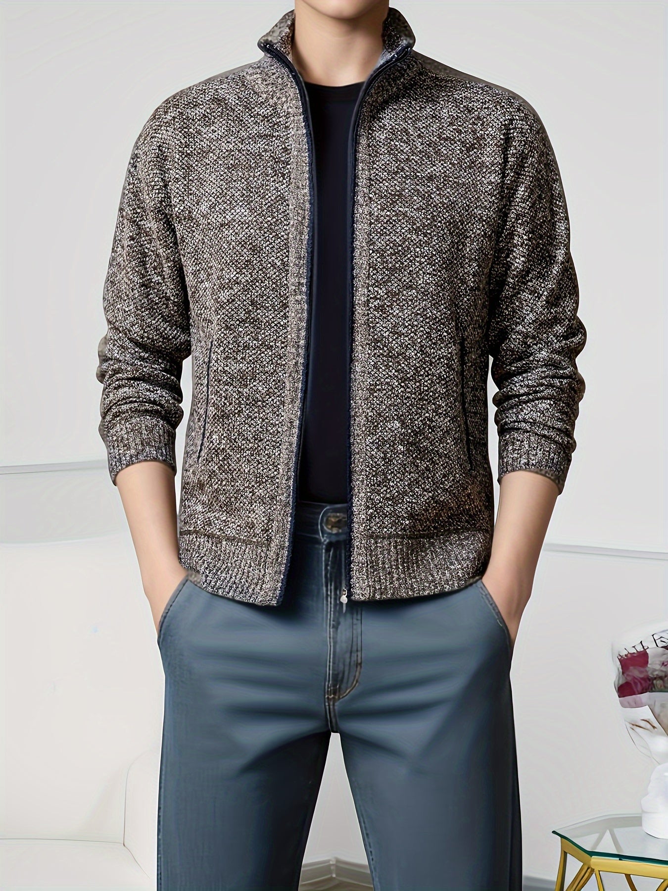 Men's Solid Fleece Knitted Cardigan With Pockets, Casual Long Sleeve Turtle Neck Zip Up Warm Sweater For Winter Fall Outdoor Activities