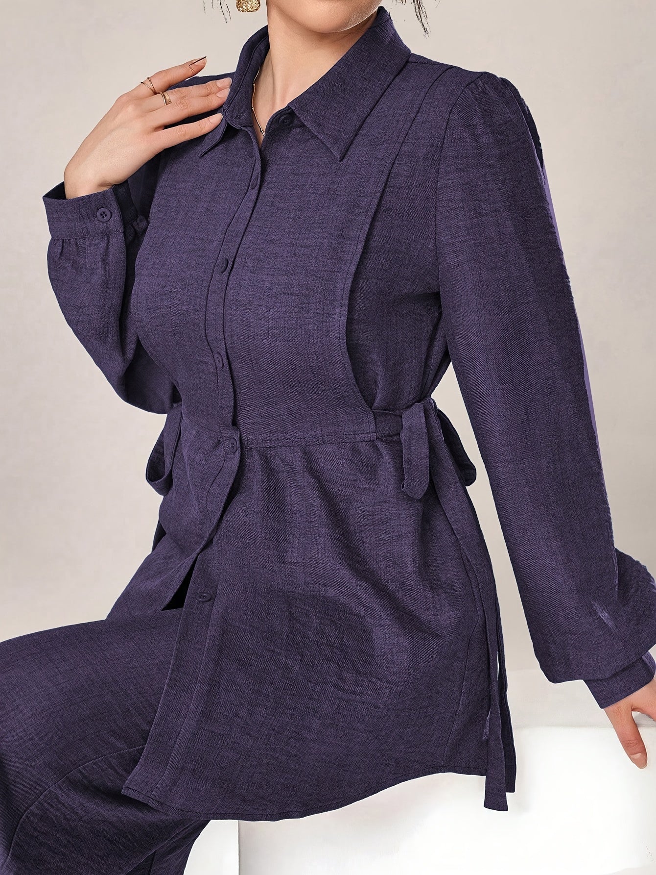 Stylish and Elegant Casual Two-Piece Women's Outfit with Side Tie Single-Breasted Shirt and Wide-Leg Pants for Office Wear
