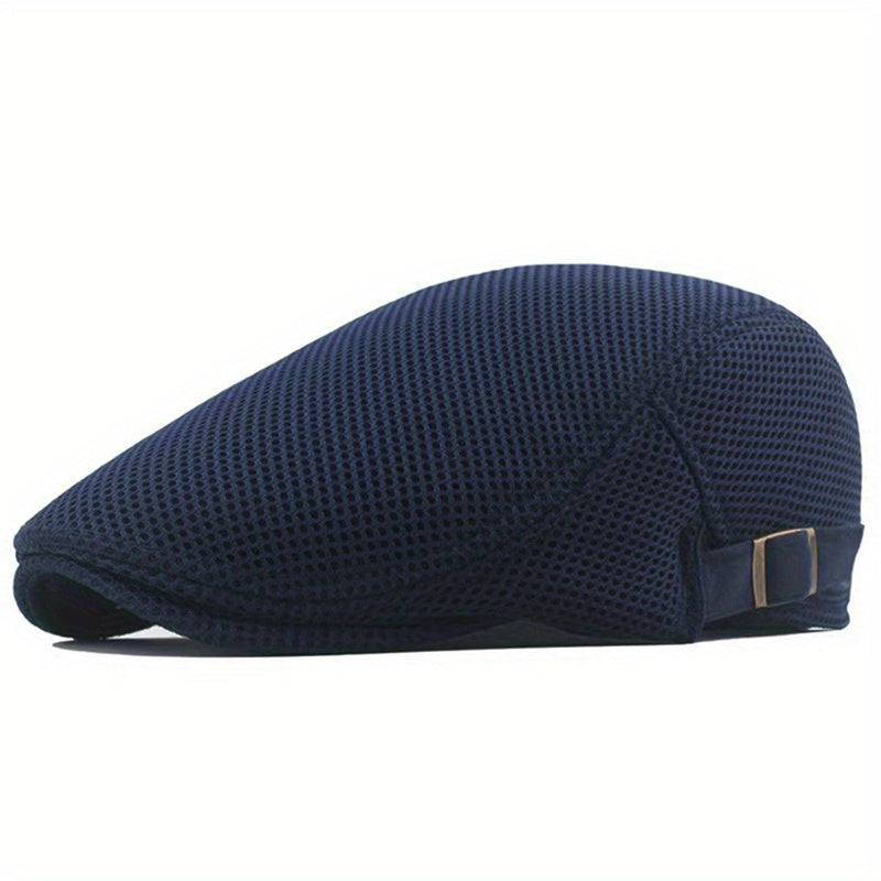 1 Men's Breathable Mesh Beret Hat - Casual Summer Style, 100% Polyester with Adjustable Faux Leather Strap for Comfort Fit