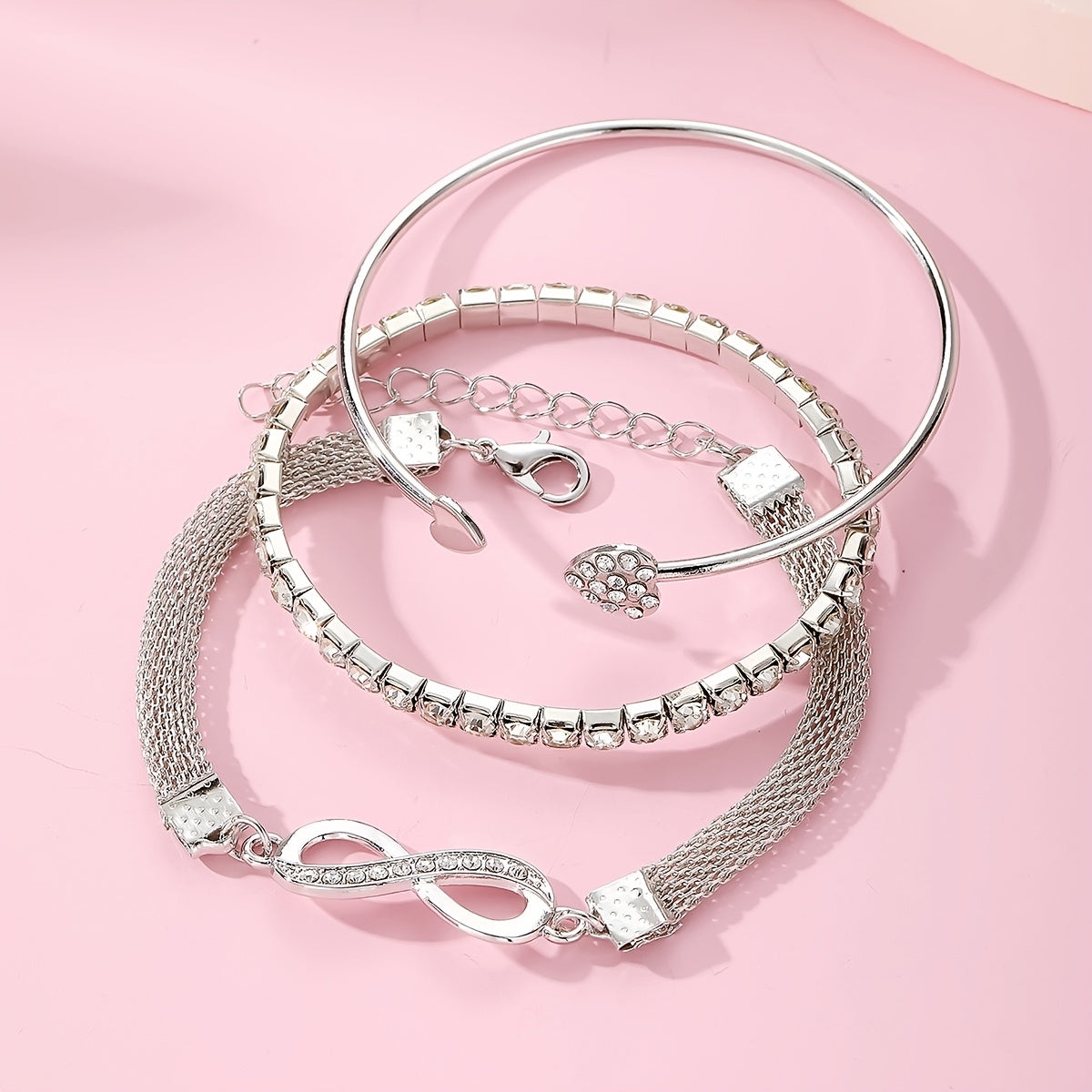 3pcs Vintage Elegant Rhinestone Bracelet Set, Adjustable Heart & Infinity Symbol Bangle, Women'S Alloy Open Cuff, Daily & Gift Occasion, All-Season Jewelry Collection